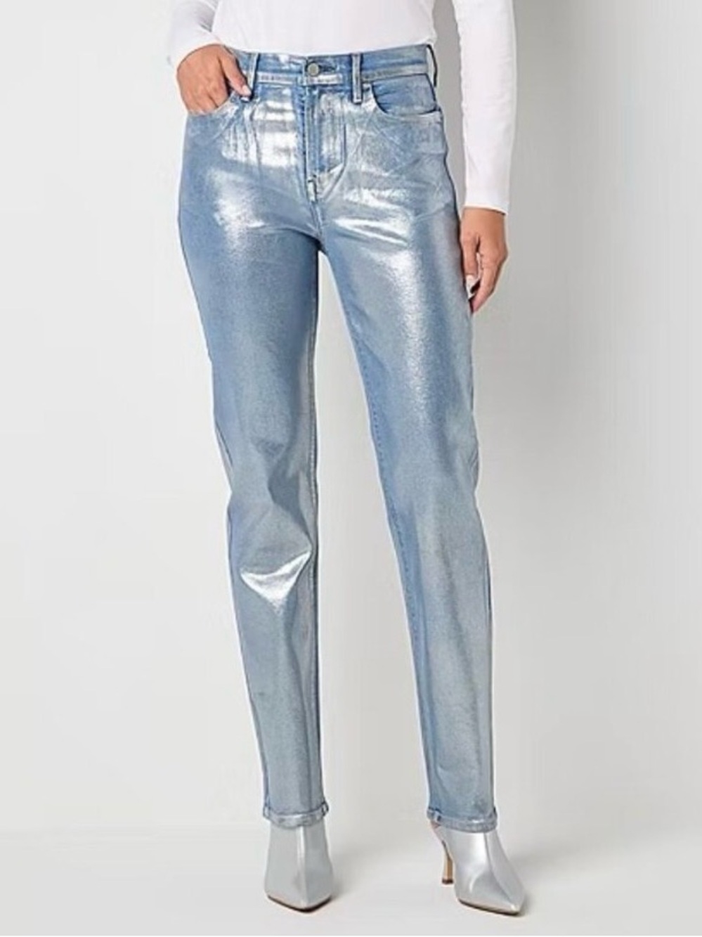 a.n.a. High Rise Straight Silver Metallic Effect Women's Slim Jean Pant 4 NWT
